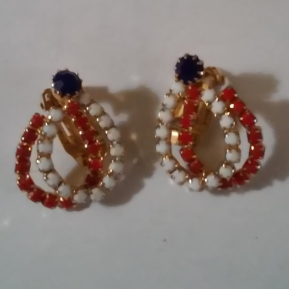 Clip On Earrings Unworn Gold White Blue Red Perfect 1 1/4" Long 1" Wide